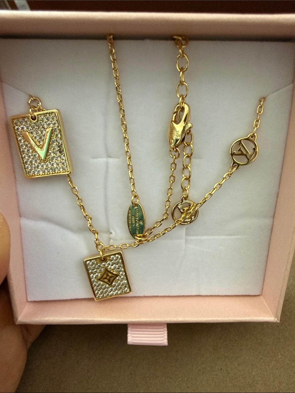 Louis Vuitton Gold and Crystal Double Pendant Necklace